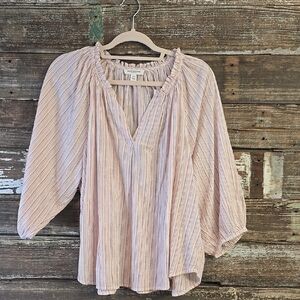 BeachLunchLounge Striped Pink Peasant Blouse With Ruffled Collar, SIZE L